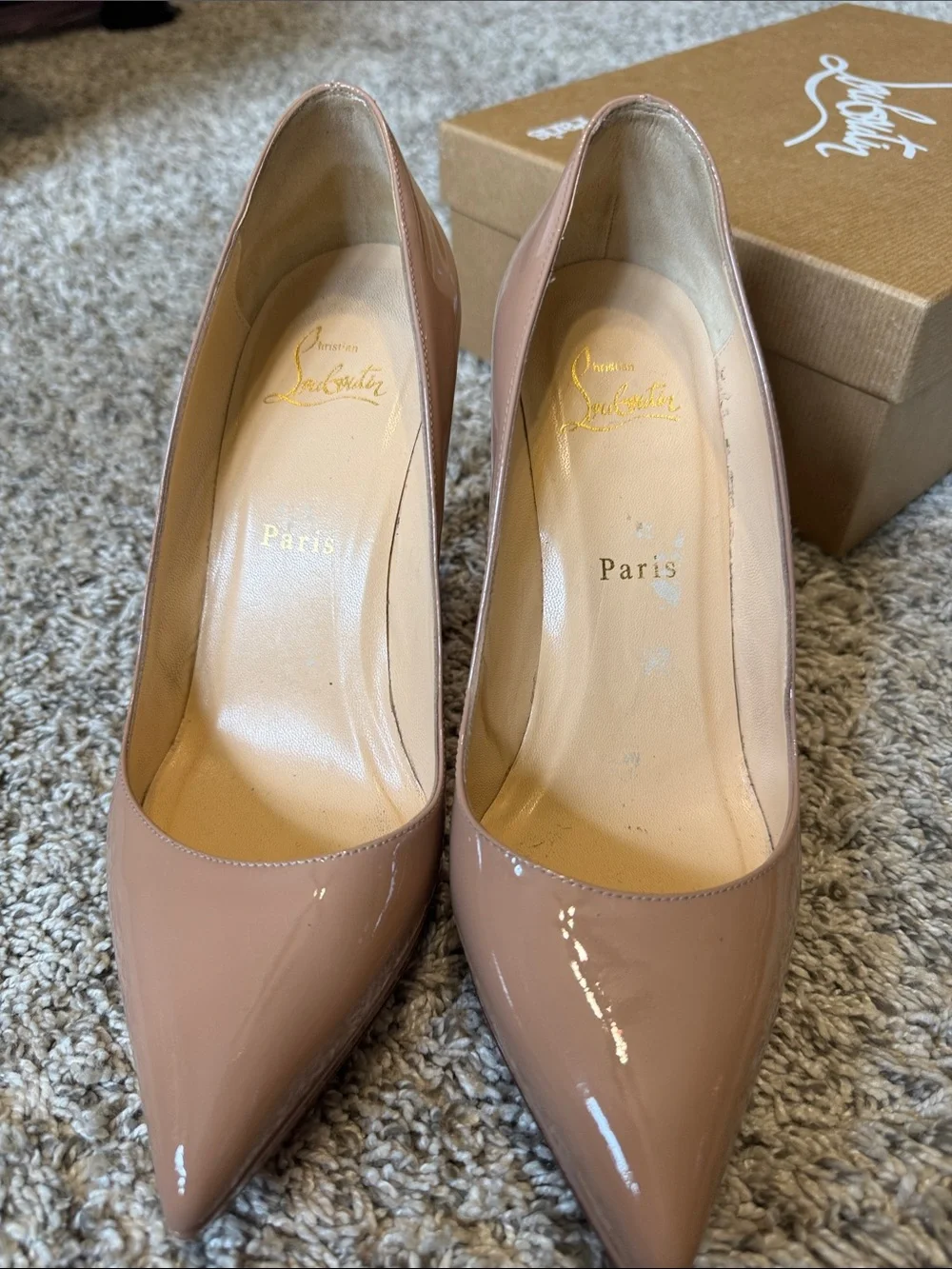 Christian Louboutin Nude Patent Leather Pointed-Toe Pumps with Red Soles